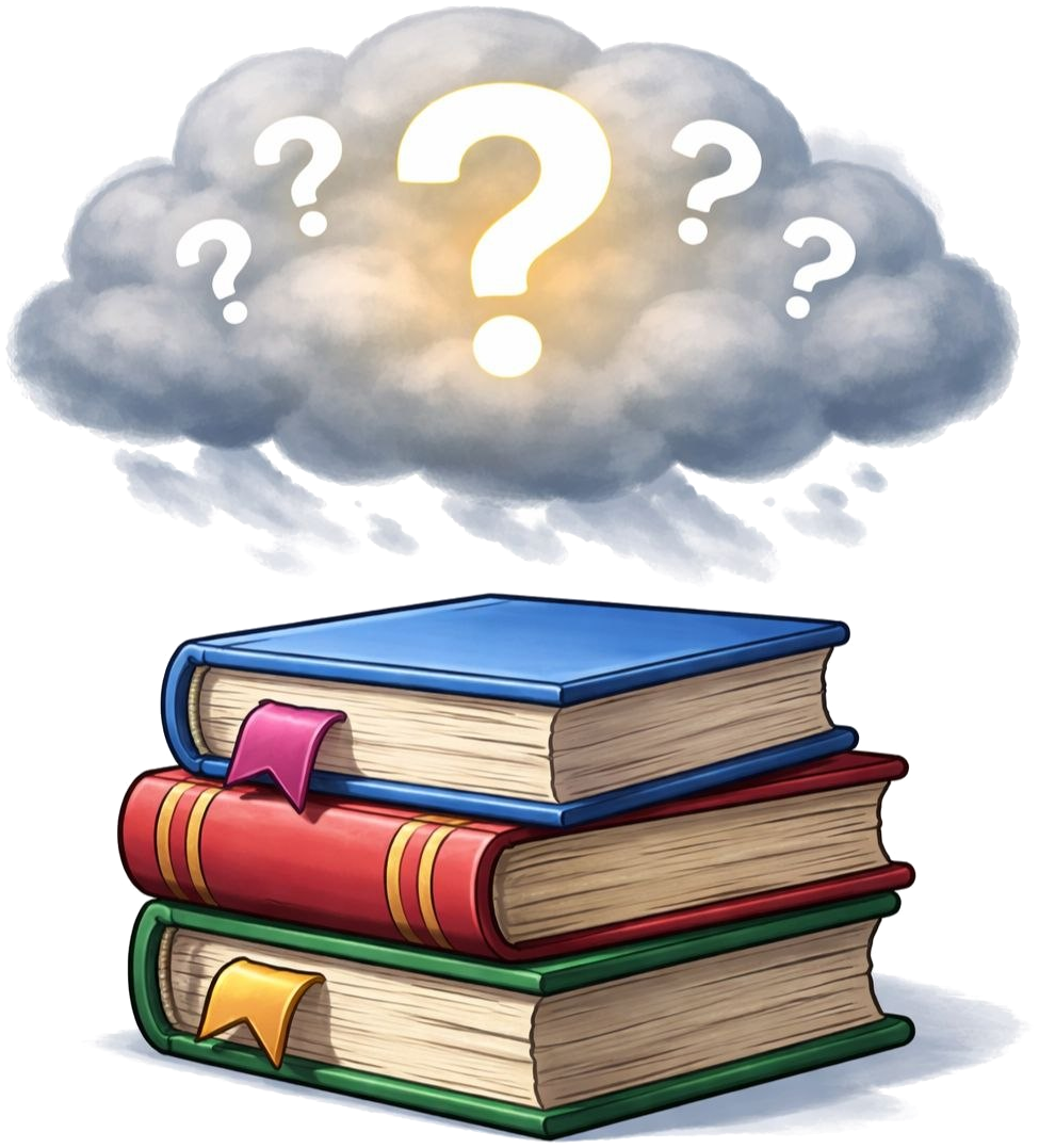 Cloud with question marks + books